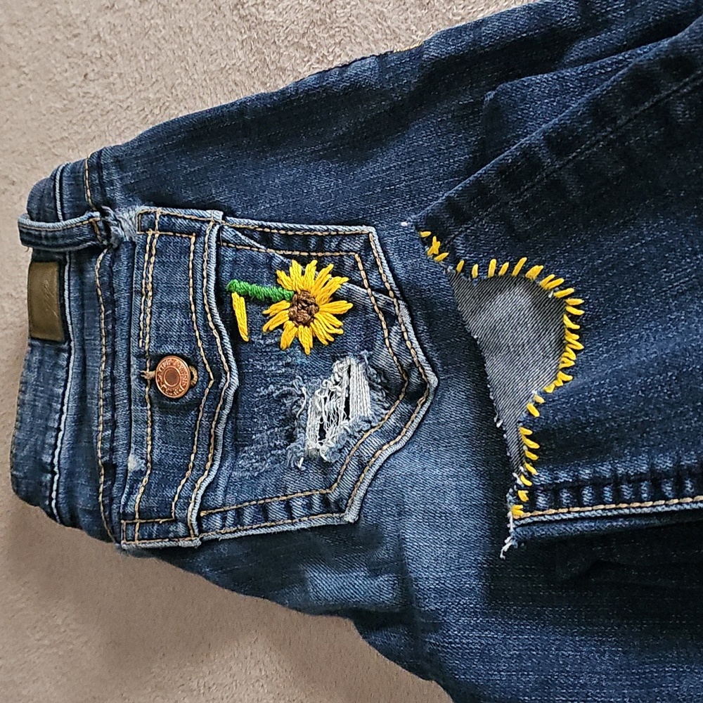 Upcycled Threads- embroidered patchwork jeans, daytime Virgo skinny jeans